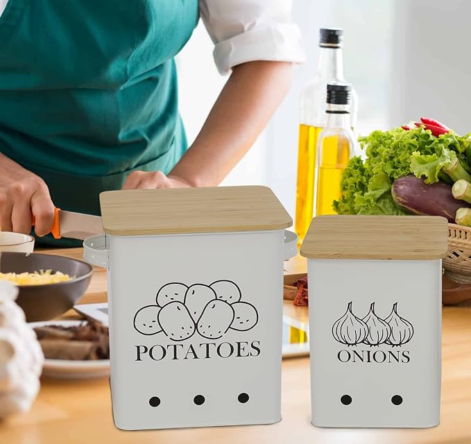 Kitchen Vegetable Storage Tins Set of 2, Onion and Potato Storage Bins with Wooden Lid and Aerating Holes, Garlic Bin Caddy, Vintage Kitchen Decor, White