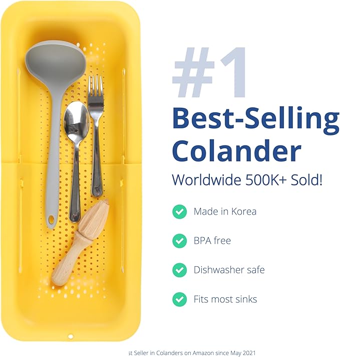 Blue Ginkgo Over Sink Colander, Extendable Kitchen Strainer, Yellow | Fits Most Sinks. Rinse, Drain and Dry with Ease.