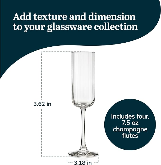 Libbey Paneled Champagne Flute Glasses, 7.5 Oz Fine Ribbed Line Champagne Glasses Set of 4, Dishwasher Safe Clear Glasses for Champagne