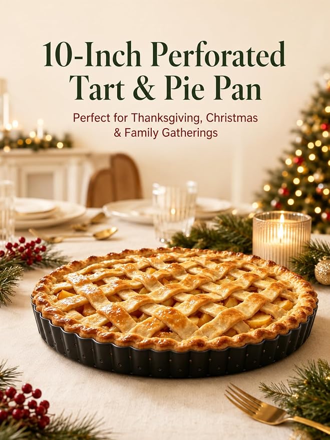 10 Inch Perforated Quiche Pan for Crispy Crust. Removable Bottom, Non-Stick Coating, Rugged Carbon Steel Dish for Tart Quiche Pie Baking. Gift for Christmas Thanksgiving Party