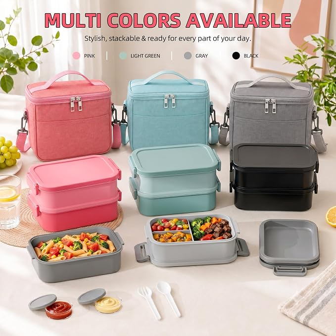 Bento Box Adult Lunch Box - 2130ml Lunch Box for Women with Insulated Lunch Bag, Utensils & Sauce Container, Leak Proof Bento Box for Girls, Reusable Plastic Lunch Container for Work, Meal Prep, Pink