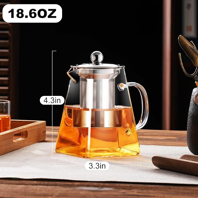 PARACITY Clear Glass Teapot with Infuser, Square 18.6oz Stovetop Tea Kettle | Borosilicate glass spans -68°F to 302°F; 18/8 stainless steel strainer makes it a tea maker for loose leaf and blooming tea