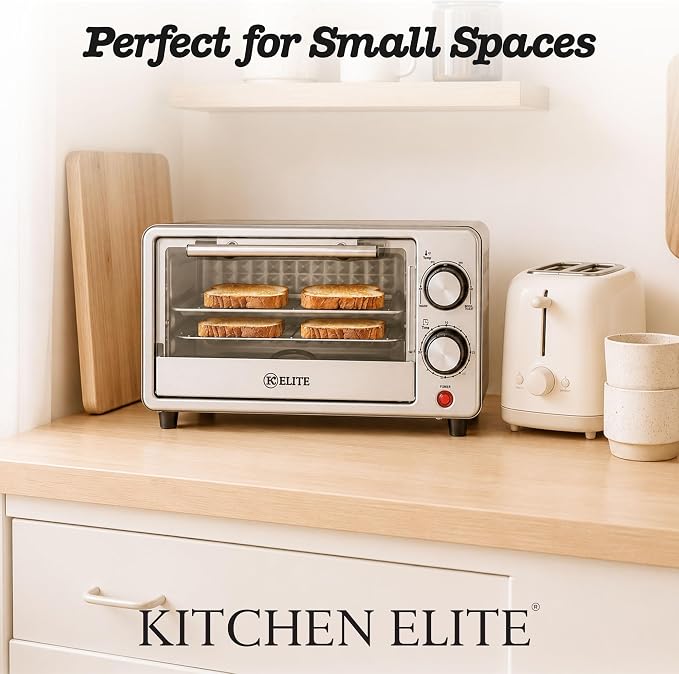 Kitchen Elite Toaster Oven, Compact Countertop Appliance with Bake Tray, Wire Rack, Adjustable Timer, and Temperature Control, Black