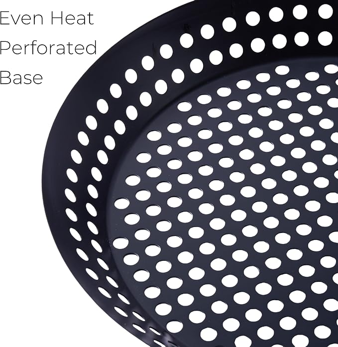 12 in Kozmatik Turkish Grill Pan, Nonstick Carbon Steel Basket | Handled Vegetable Charring Pan, For Stovetop And Grill Cooking, Black Round Basket Design