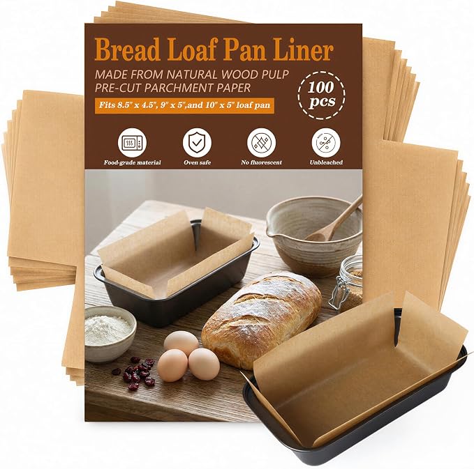 HUAKENER Loaf Pan Liners, 100 Pcs Loaf Pan Liners for Baking Bread 9x5 Inch | Non-Stick Parchment Paper Bread Pan Liners for Baking Bread 9x5, 8.5x4.5 and 10x5 Inch Loaf Pan