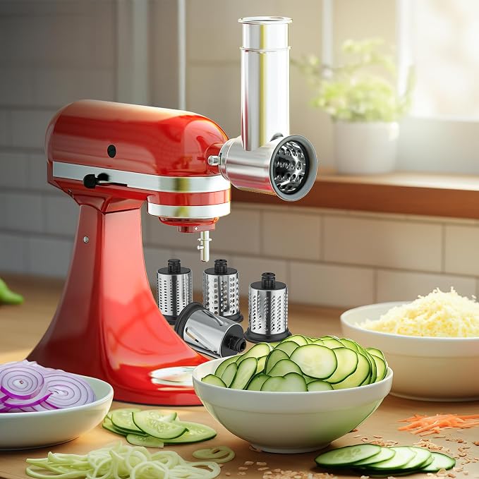 HOZODO Slicer Shredder Attachment for KitchenAid Stand Mixer | Stainless Steel, 4 Blades for Cheese Grating, Slicing, Shredding & Grinding for KitchenAid Cheese Grater Attachments
