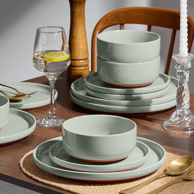 E-far 6-Piece Stoneware Dinnerware Sets, Plates and Bowls Sets for 2, Ceramic Dishware Dishes Set with Terracotta Base, Chip & Scratch Resistant, Microwave & Dishwasher Safe, Speckled Green