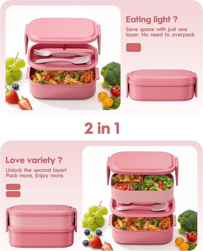 BiuLeon Bento Box Adult Lunch Box, 65 Oz Capacity Lunch Containers(Adjustable 2/3 Tier), BPA-Free, Leak-Proof and Stackable Bento Lunch Box, Microwave & Dishwasher Safe with Utensils(Pink)