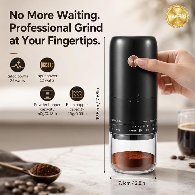 Portable Ultra High Speed Electric Burr Coffee Bean Grinder | SUS420 conical burr, 90 grind settings, 0.6mm precision, 50% faster grinding, Type-C fast charge, 1800mAh long battery life