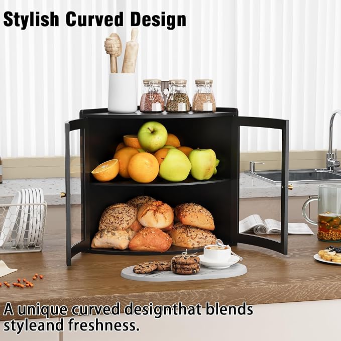 Trironsun Fan Shape Corner Bread Box for Kitchen Counter Double Layer Large Bread Storage Container with Acrylic Doors Farmhouse Wooden Bread Box Organizer for Homemade Bread (Black)