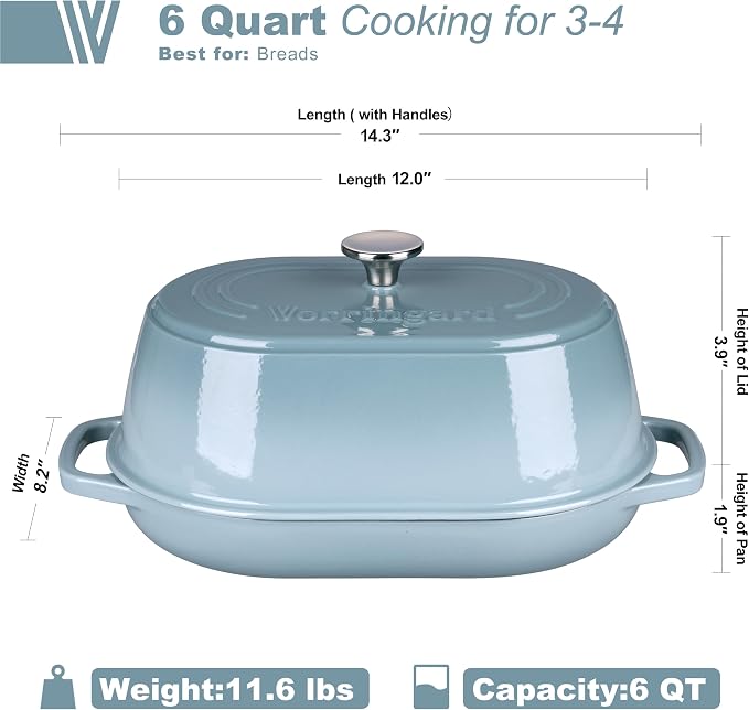 Enameled Cast Iron Dutch Oven Pot with Dome Lid, Oval Bread Oven for Homemade Sourdough Bread Baking, Oven Safe up to 500°F, 6 Quart, Sea Salt