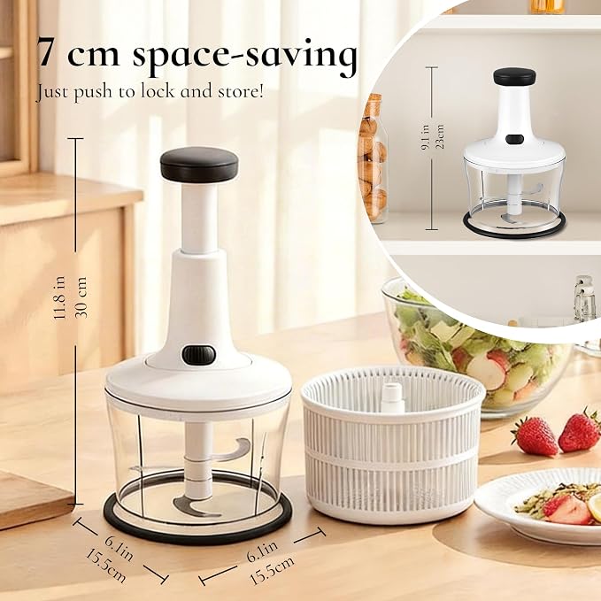 Manual Hand Push Food Chopper, Vegetable Dicer Mincer with Container, Egg Whisk & Salad Spinner for Salsa, Salad, Pesto, Hummus