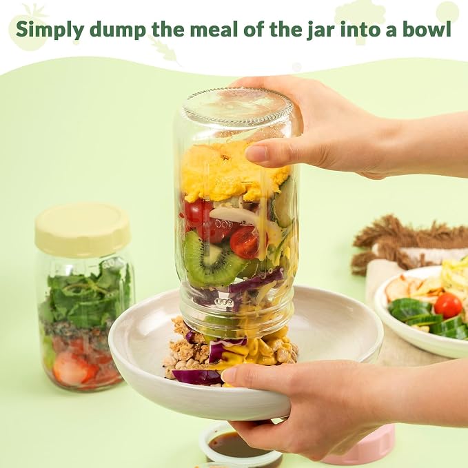 SOLIGT 4 Pack Glass Salad Jars with Lids Meal Prep, Wet/Dry Separation | Pink/Orange/Sky Blue/Olive Green, Leakproof, Two Small Built-in Cups for Salad Dressing and Dry Ingredients,32oz Mason Jars