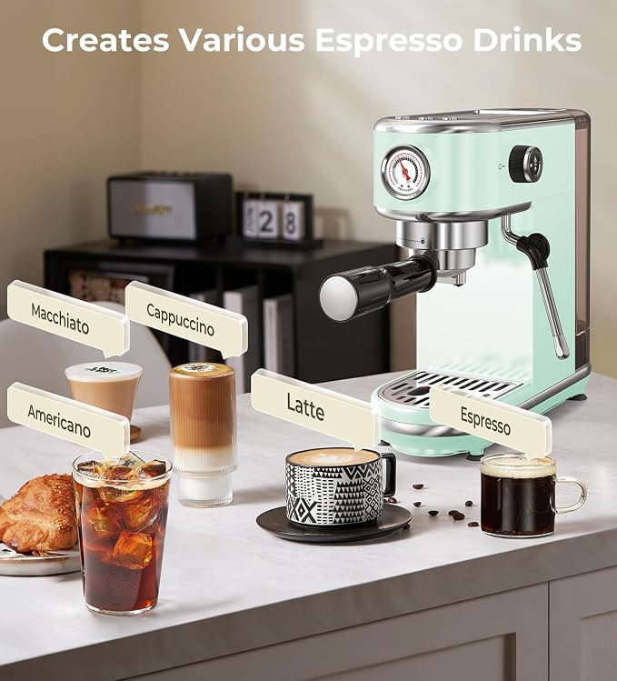 atatix 20 Bar Espresso Machine with Milk Frother, Compact Espresso Maker | Stainless Steel Coffee Machine with Precise Temp Control & 44oz Removable Water Tank for Latte, Cappuccino, Light Green