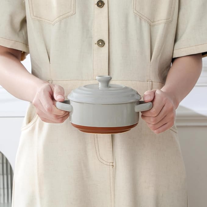 MALACASA Mini Cocotte Set of 4, 12 OZ Ramekins with Lids and Handles | Small Casserole Dishes for Oven, Ceramic Baking Dishes Set, Single Serving, Microwave & Dishwasher Safe, Khaki Grey
