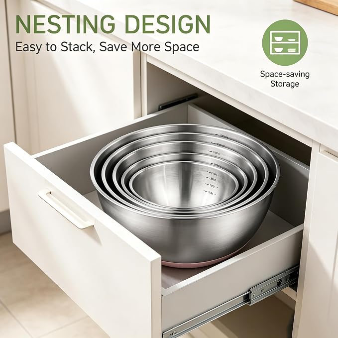 GIUOIDUO Stainless Steel Mixing Bowls Set with Non-Slip Base, Set of 5 | 1.27/ 1.69/ 2.11/ 3.17/ 4.23QT Nesting Bowls, Dishwasher Safe Baking Bowls for Kitchen Baking, Meal Prep and Storage