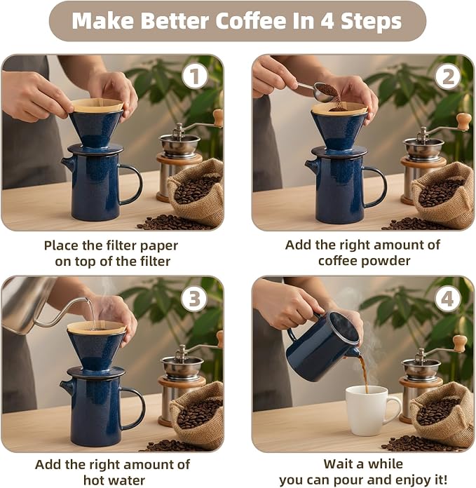 Pour Over Coffee Maker, Ceramic Pour Over Coffee Dripper Set With 20 Paper Filters, 16.5oz/500ml (Royal Blue, V02)