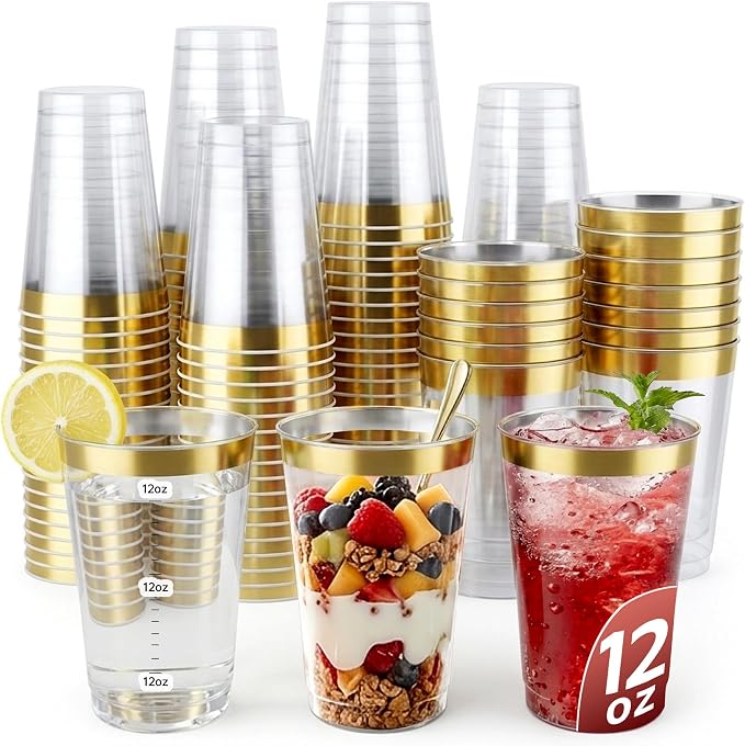 Byvivace 12OZ Plastic Cups with Gold Rimmed Sturdy & Food Safe Disposable Wine Glasses Weeding Party Cups Disposable Drinking Cups Plastic Cocktail Glasses for Wine, Juice & Cold Beverages [200 Pack]