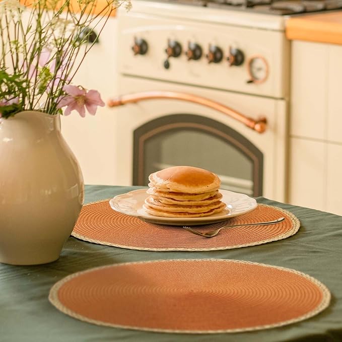 Round Placemats Set of 8, Woven Table Mats, Thin Edge, Orange | Braided Paper Edge, 15 Inch Diameter, Fits Dinner Plate and Flatware, Wipeable, Heat Resistant, Indoor Dining, Outdoor Patio