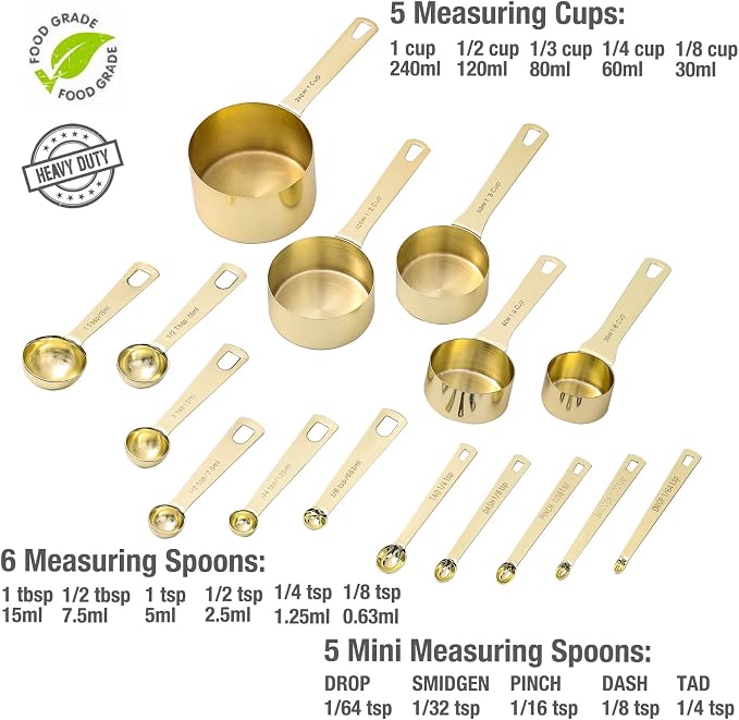 16 Pcs Stainless Steel Measuring Cups & Spoons Set, Gold | Heavy Duty Metal, 5 Cups, 6 Tbsp Tsp Spoons, 5 Mini Spoons, For Kitchen Cooking Baking