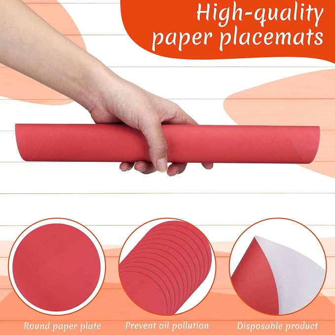 Yeaqee 120 Pcs Disposable Paper Placemats 12 Inch Round Paper Place Mats Blank Table Mats for Restaurant Catering Dining Weddings Birthday Table Holiday Parties Supplies(Light Red)