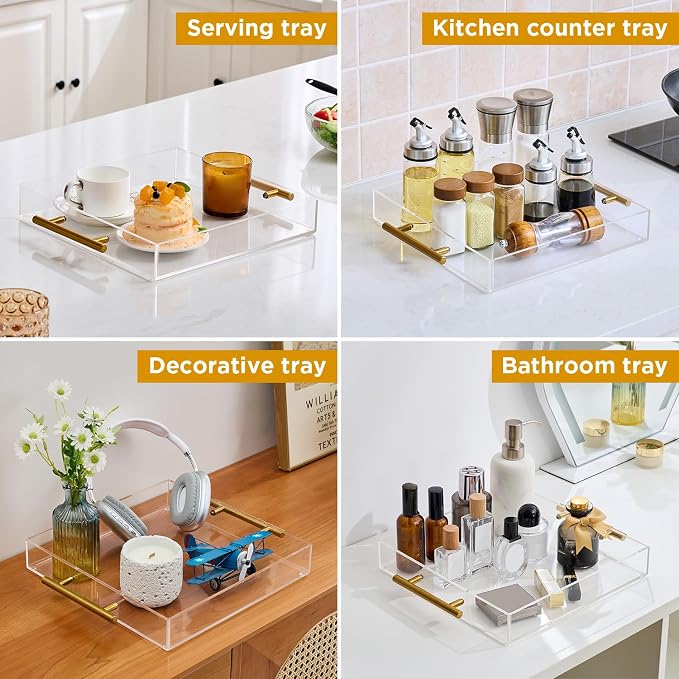 12"x12" Clear Acrylic Serving Tray with Golden Handles, Sturdy Huge Capacity Acrylic Trays for Coffee, Juice, Kitchen and Desk Organizer, Storage Tray (12"x12")