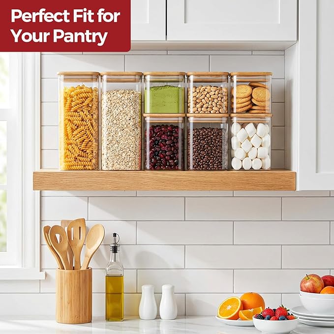 Glass Pantry Storage Containers with Lids 0.6/1.2/1.9 Qt 6 Pack | Pantry Organization, Square Stackable Design, Flour Sugar Coffee Beans Pasta Cereal Dry Food Storage,Kitchen Organizer
