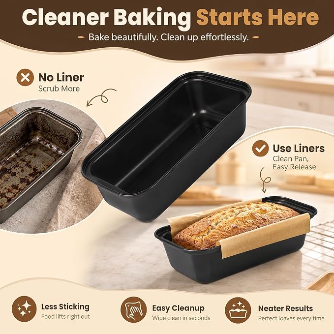 HUAKENER Loaf Pan with Liners Set, 3 Pack Loaf Pan with100 PCS Loaf Liners | Nonstick 9 x 5 Inch Bread Loaf Pan with Loaf Liners for Homemade Bread Cake Sourdough Banana Sandwich Bread