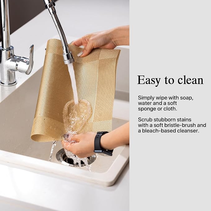 Placemats Set of 12 - Easy Clean Woven Vinyl Placemats for Dining Table, Indoor/Outdoor Place Mats, Washable PVC Table Mats（Gold Cube）