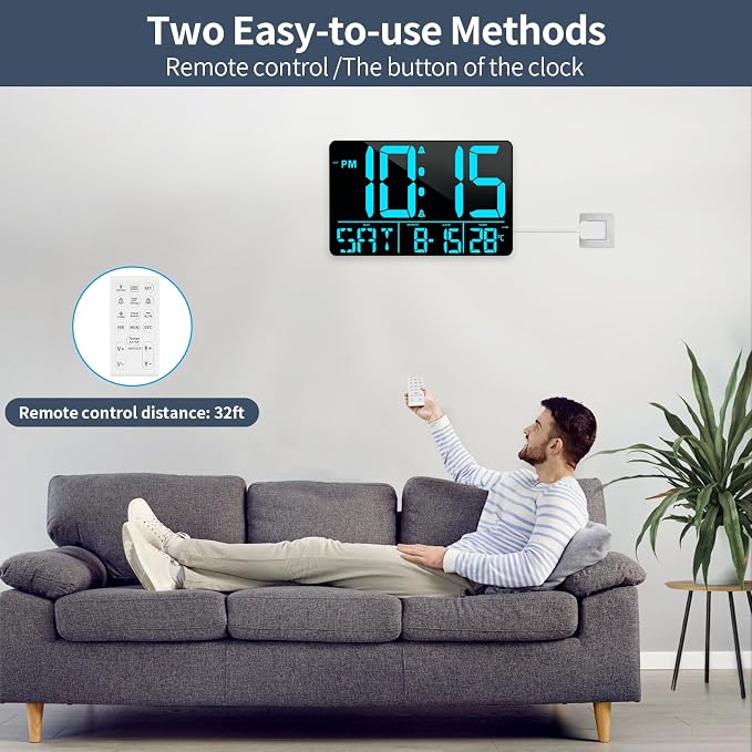 PERSUPER 13" Digital Wall Clock Large Display with Remote, Temp & Timer | Auto Dimming, 12/24H, DST, Calendar, 25 Ringtones, for Living Room, Bedroom, Office & Elderly - Blue