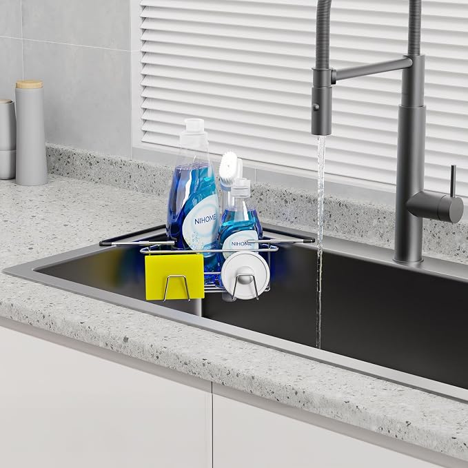 NiHome Adjustable Corner Caddy, Sponge Holder for Kitchen Sink | Rustproof 304 Stainless Steel Storage with Extendable Arms and Open Drainage for Rapid Drying of Brushes and Soap Bars