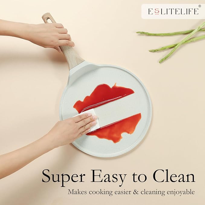 ESLITE LIFE 11 Inch Crepe Pan with Spreader, Nonstick Ceramic Coating Dosa Pan, Roti Tawa Comal Para Tortillas Pancake Griddle Pan, Induction Compatible, PTFE & PFOA Free, White