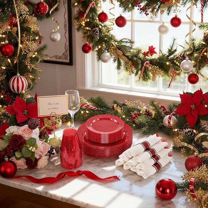 DaYammi 210PCS Red Glitter Plastic Dinnerware Set for 30 Guests, Fancy Disposable Plates for Party, Include: 30 Dinner Plates, 30 Dessert Plates, 30 Pre Rolled Napkins with Red Silverware, 30 Cups