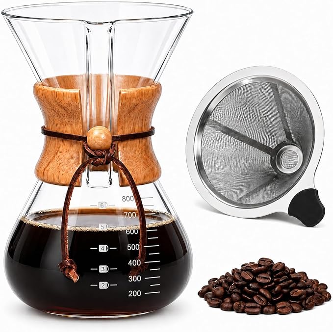 27oz Borosilicate Glass Pour Over Coffee Maker Non Toxic Plastic Free Coffee Maker Home Drip Coffee Maker Coffee Dripper Brewer with Reusable Stainless Steel Filter And Cork Grip