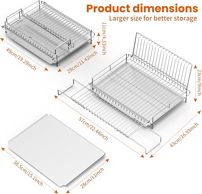 Dish Drying Rack Stainless Steel Expandable Large | Dish Drainer for Kitchen Counter with Stainless Drain Board Rustproof Collapsible Space Saving