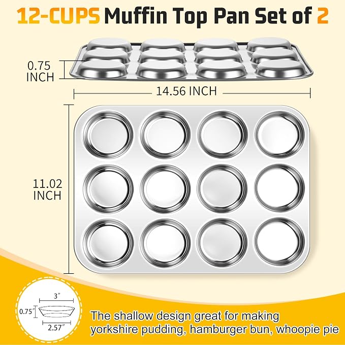 P&P CHEF 12-Cup Muffin Top Pan, Cupcake Pan with Shallow Side, 2PC & Silver | Stainless Steel Muffin Pan Cupcake Tin for Whoopie, Yorkshire Pudding, Egg Bite, Cupcake, Non-toxic & Easy Clean