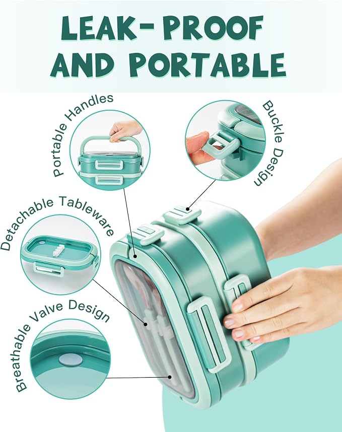 Lille Home Stackable Stainless Steel Bento Lunch Box + Insert Cutlery, 56oz | 2 Tier Leakproof Metal Lunch Boxes, 4-Compartment Food Containers for Work, Picnic, Meal Prep & Portion Control (Green)