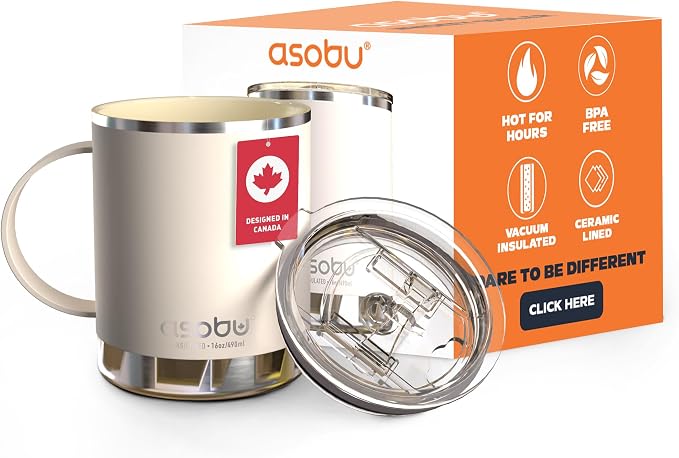 asobu Ultimate Ceramic Travel Mug, 12oz Insulated Stainless Steel Coffee Cup with Handle & Splash-Resistant Lid, Ceramic Lined for Pure Taste, BPA-Free, Double-Wall Vacuum for Hot Drinks