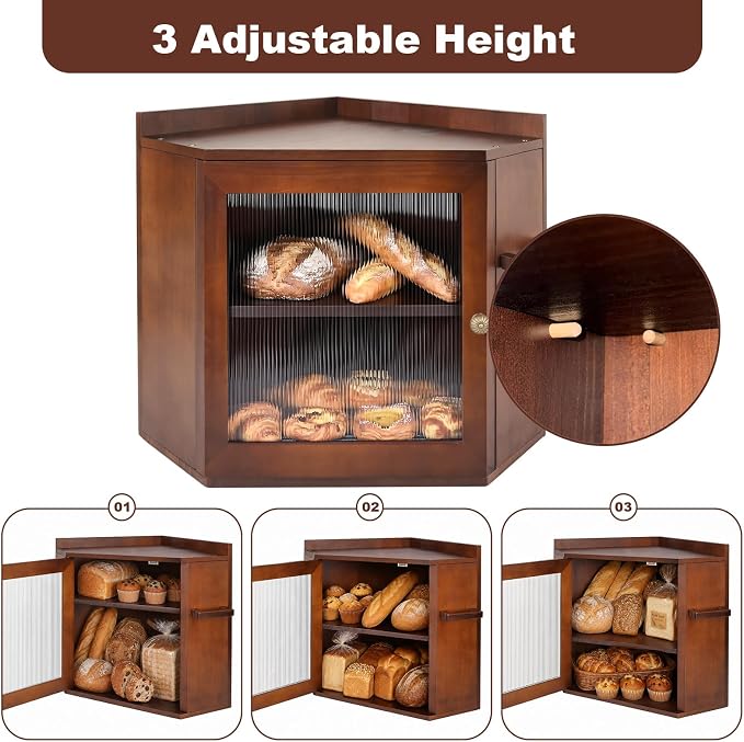 Corner Bread Box For Kitchen Countertop,2 Tier Bread Bin With Acrylic Door Panel,Adjustable Shelf & Hanging Rack,Food Storage Box For Kitchen,Dining Room,Pantry