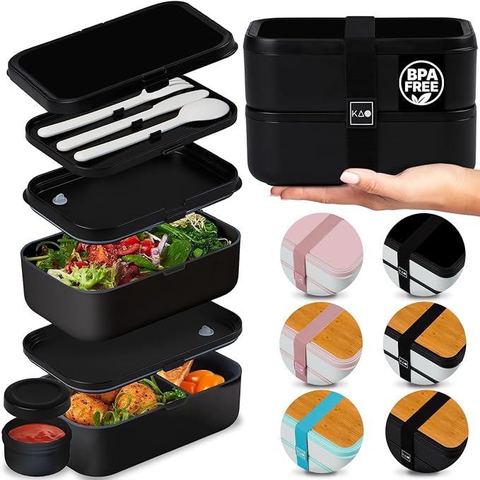 Double Premium Bento Box Adult, 67oz, Stackable, Meal Prep, Black | 67 oz Capacity, Stackable Containers, Leak-Proof Design, Includes Dividers, Great for Meal Prep, Office Lunchbox