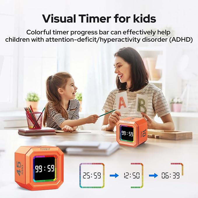 Kitchen Timer Visual Timer for Kids Color Display Gravity Sensor Cube | Digital Pomodoro Timer with Loud Alarm, Magnetic Back, Easy Use for Cooking, Classroom, Study & Productivity