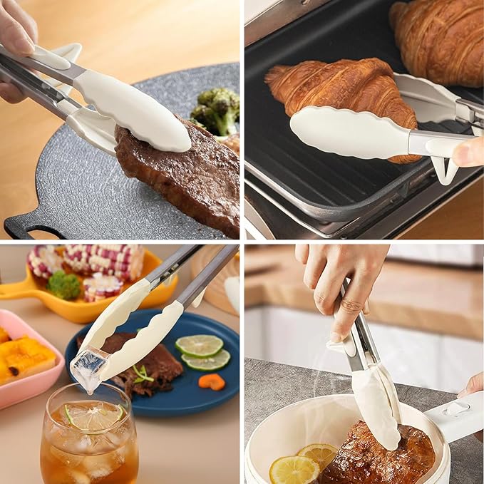 9" Kitchen Tongs for cooking with Silicone Tips, 3Pcs Serving Tongs, White | Small Silicone Tongs mit kickstand, Food Grade, 3 different type of tongs, Stainless Steel