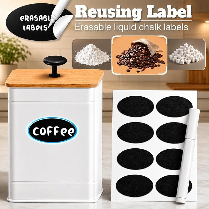Kitchen Canister Set of 4, White Airtight Metal Flour Sugar Containers | Flat Bamboo Lids, Reusable Labels & Marker, Wide Openings, Coffee Tea Containers, Kitchen Countertop and Pantry Organized