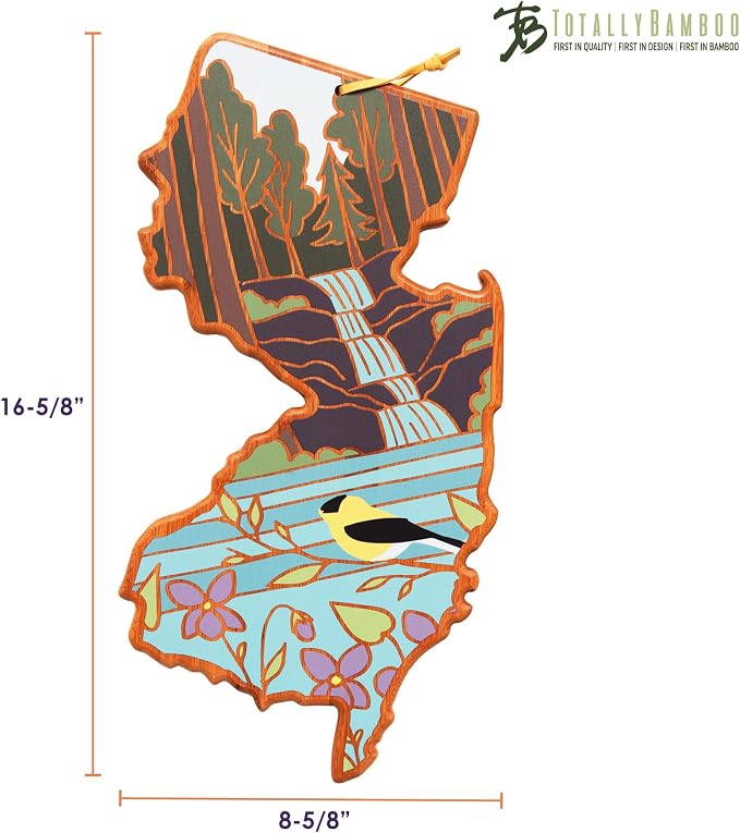 Totally Bamboo New Jersey State Shaped Cutting Board, Summer Stokes Art | State charcuterie board with colorful hand-drawn landscape art. Smooth reverse side for food prep. Hang tie for wall display.