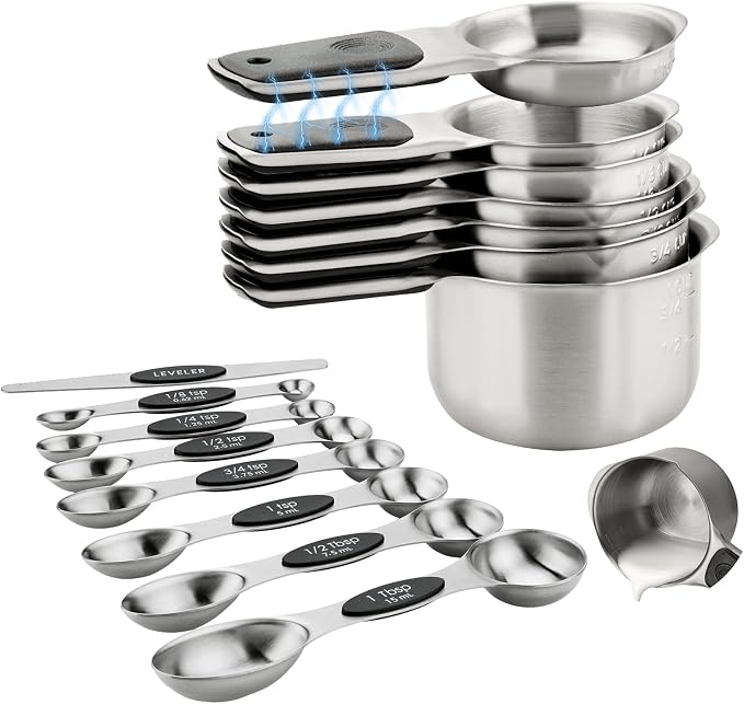 Magnetic Measuring Cups & Spoons Set of 15 | BPA Free,Heavy Duty 304 Stainless Steel,Strong N52 Magnets,Dishwasher Safe with Leveler for Baking and Cooking