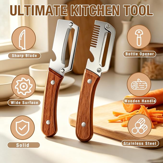 Multifunctional Vegetable Peeler 3-in-1, Julienne Peeler, Fruit Peeler Knife with Ergonomic Wood Handle, Stainless Steel Blade for Efficient Peeling, Grating & Slicing（2PCS)