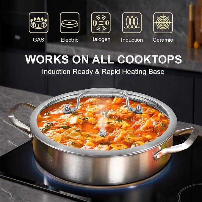 Inqibee 6 QT Saute Pan with Lid, 12 Inch Deep Frying Pan, Detachable Handle | Hybrid Ceramic Nonstick Cookware, Tri-Ply Stainless Steel Pan, Jumbo Cooker, Induction Cooking Pan, Dishwasher and Oven Safe