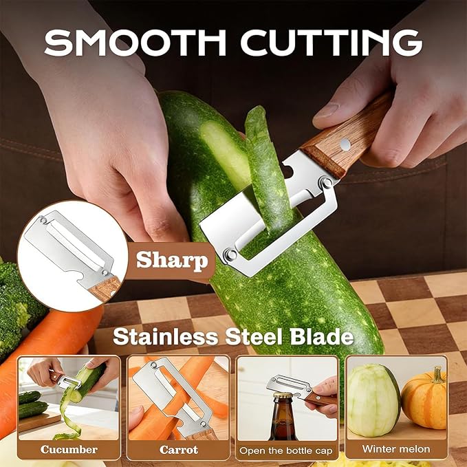 NEW Premium Vegetable Peeler with Wooden Handle and Bottle Opener: 2-in-1 Stainless Steel Kitchen Tool for Fruit Apple Potato Pumpkin Papaya (1Pcs)