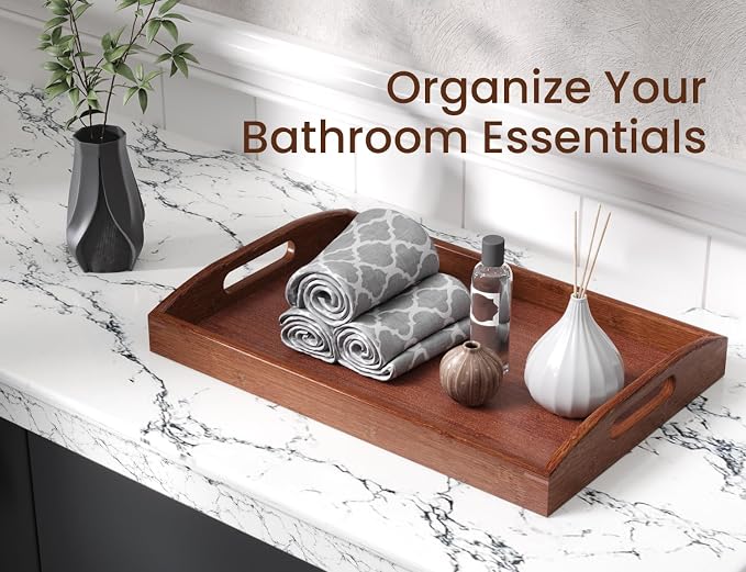 Bamboo Set of 2 Serving Trays with Handles Decorative Tray(Brown) | 2 Pack, Decorative Trays, for Coffee Table, Kitchen Counter, Breakfast, Party
