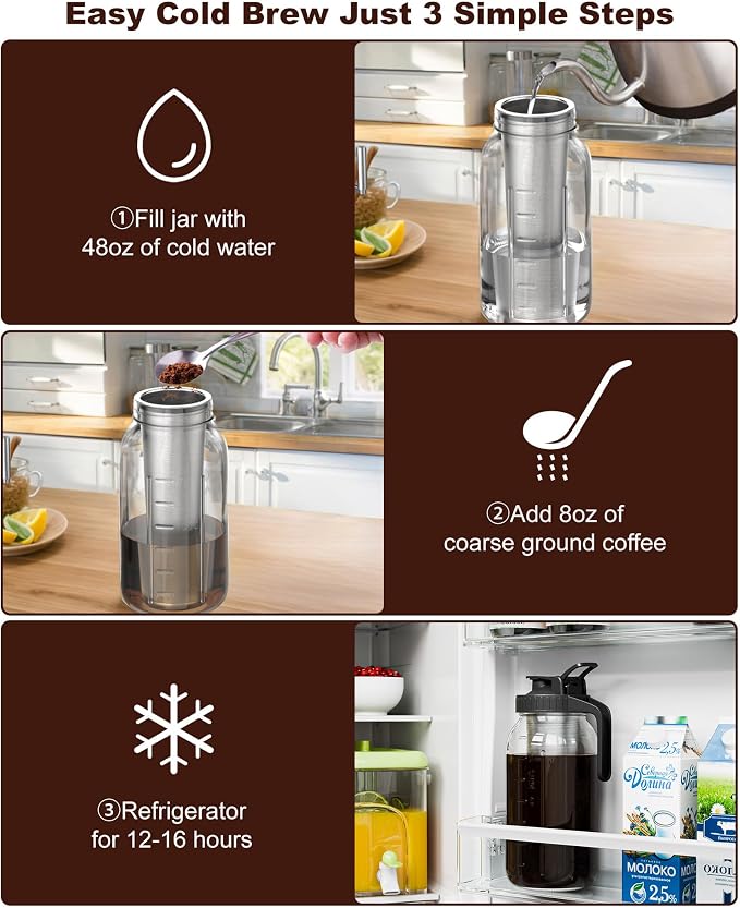 64 oz Cold Brew Coffee Maker, Mason Jar Pitcher with 304 SS Filter | 100μm Fine Mesh, Stainless Steel Filter, Airtight, Leakproof, Pour Flip Spout, Ergonomic Handle, Wide Mouth, Heavy-Duty Glass